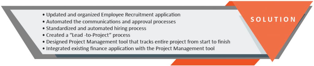 Solution. Updated and organized Employee Recruitment application. Automated the communications and approval processes. Standardized and automated the hiring process. Created a “Lead-to-Project” process. Designed a Project Management tool that tracks entire project from start to finish. Integrated existing finance application with the Project Management tool.