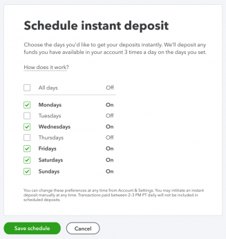 schedule instant deposit in QBO
